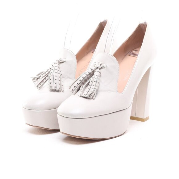 Stuart Weitzman Sky-High Tassel Heels Leather Platforms Women 6 White/Silver - Picture 6 of 16
